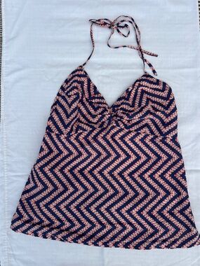 Y2K Vintage Halter Neck Tank Top Red Blue Zig Zag Retro Petite Small
